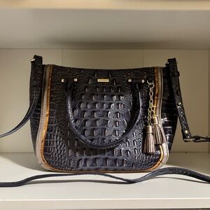 Brahmin Medium Asher- Dark Purple & Tan Croc-Embossed Handbag/ Shoulder Bag